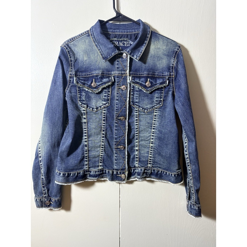 Grace Denim Jacket Size Small Distressed Frayed Trim Trucker Western Grunge
